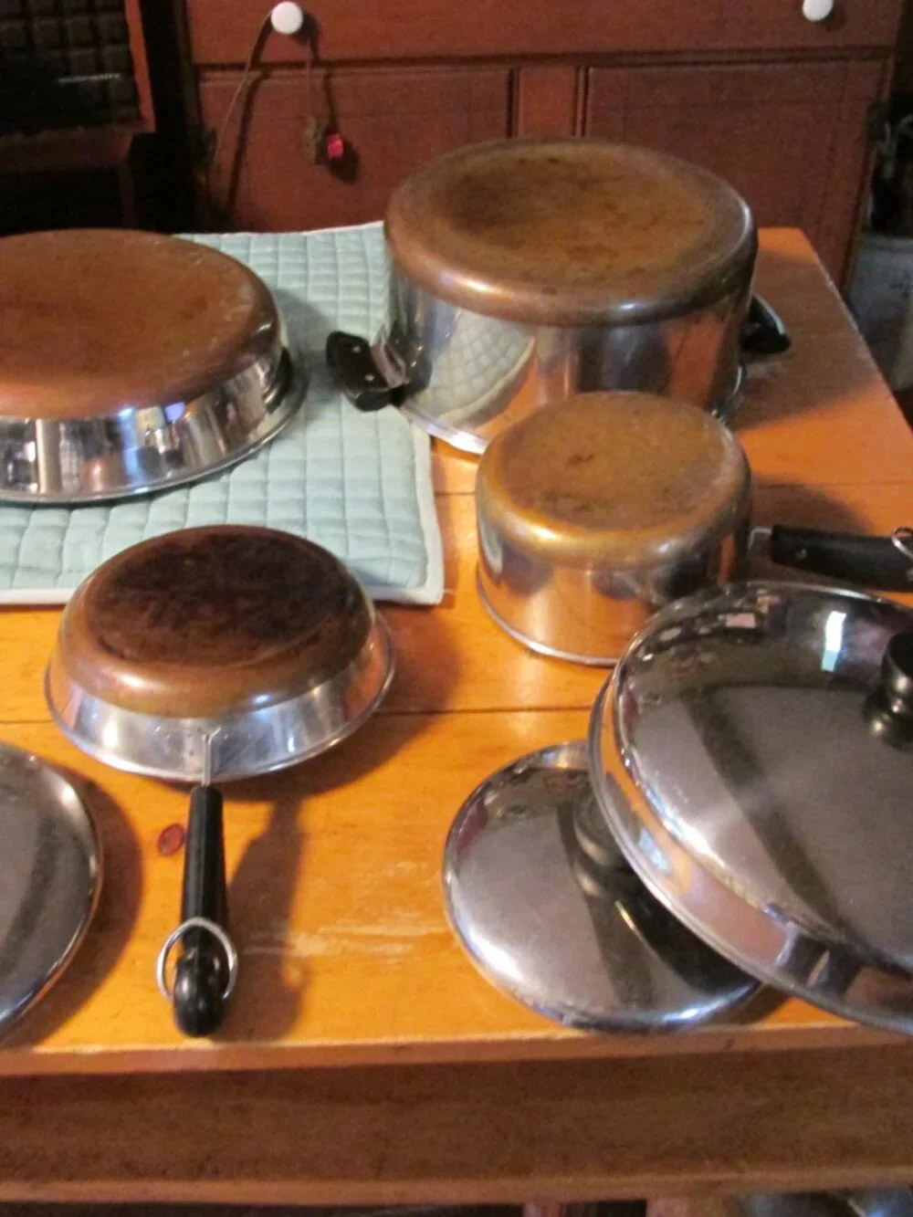 7 pc vtg 1801 Revereware frypan saucepan and lg dutch oven dome lid copper clad